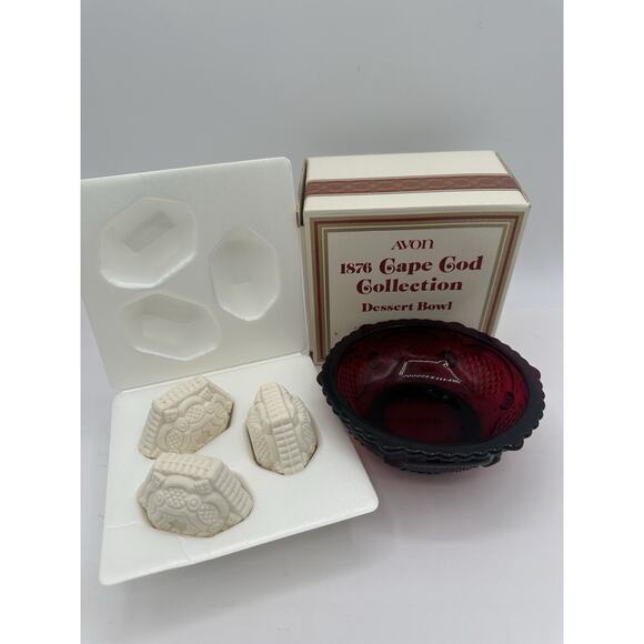 Avon Cape Cod Dessert Bowl and Soaps Red Glass NEW IN BOX Set Of 7 - Picture 1 of 4